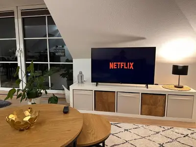 TV/Unterhaltungsangebot in der Unterkunft Oasis Appart - Wohnen am Elbtal Dresden - Balkon - Netflix - Tiefgarage
