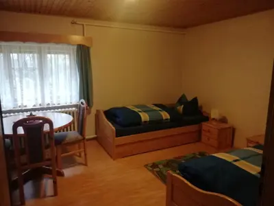 Ein Bett oder Betten in einem Zimmer der Unterkunft Erzhof Nassau- Gästezimmer an der Loipe