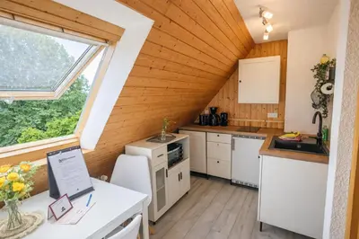 Küche/Küchenzeile in der Unterkunft B8 Urlaubsmagie Bergsteigerwohnung mit Balkon mit Aussicht aufs Elbsandsteingebirge