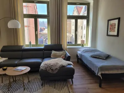Ein Sitzbereich in der Unterkunft Cosel Apartment Altstadt Radfahrer Balkon WLAN