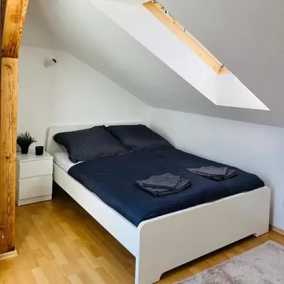Ein Bett oder Betten in einem Zimmer der Unterkunft Modernes Cityapartment nähe Schloss Pillnitz