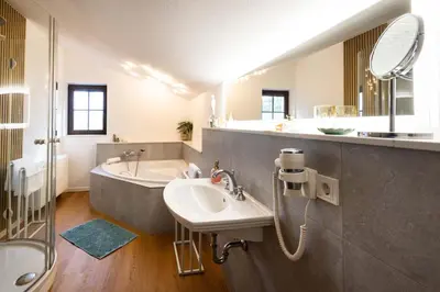 Ein Badezimmer in der Unterkunft Elbvilla Pirna mit Sauna und Kamin mit privatem Zugang zur Elbe