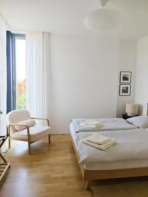Ein Bett oder Betten in einem Zimmer der Unterkunft Modernes Apartment mit Terrasse bei Dresden
