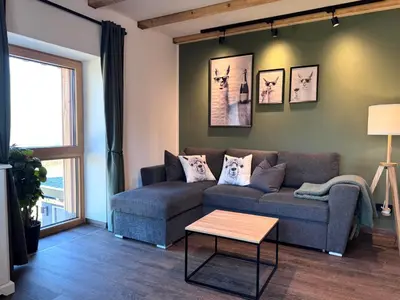 Ein Sitzbereich in der Unterkunft TOP moderne FeWo - Alpakahof zum Himmelreich, traumhafte Lage, Terrasse mit Weitblick, kostenfreier Parkplatz, Nähe Kurklinik, optional Sauna