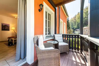 Ein Balkon oder eine Terrasse in der Unterkunft Villa Monsei - das Herzstück in Bad Schandau, top Lage, modern, mit Parkplatz!