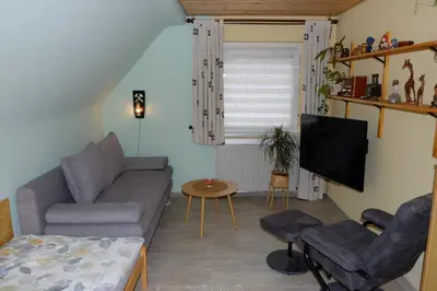 Ein Sitzbereich in der Unterkunft Pension & Ferienwohnung Zum Waldblick