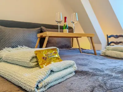 Ein Bett oder Betten in einem Zimmer der Unterkunft Wohnperle Käthe85 Elbschlösser