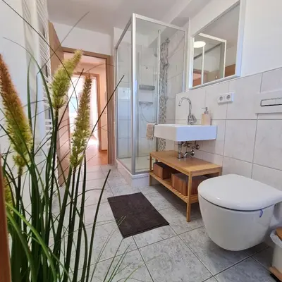 Ein Badezimmer in der Unterkunft Ferienwohnung Liliensteinblick am Elberadweg