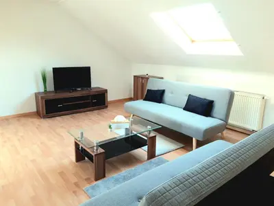 TV/Unterhaltungsangebot in der Unterkunft Seyfarthrooms - Großröhrsdorf 2 - zentrale Lage, stilvolle Einrichtung, Blick in den Garten