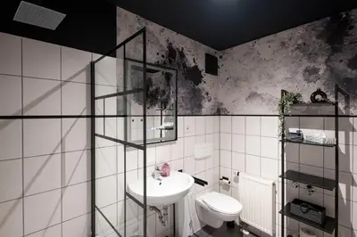 Ein Badezimmer in der Unterkunft Black & White Apartment - Balkon, Netflix, Nespresso, Zentral, Messe