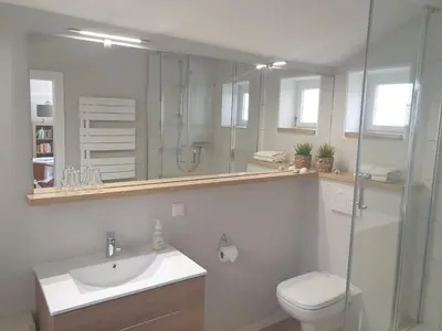 Ein Badezimmer in der Unterkunft Separates Gästehäuschen PAULCHEN in ruhiger Lage am Dresdner Elbhang