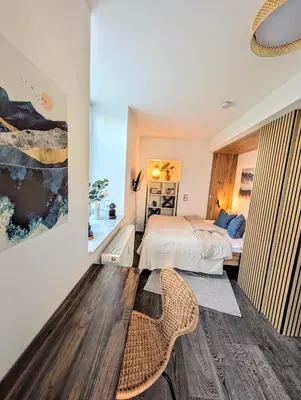 Ein Bett oder Betten in einem Zimmer der Unterkunft Modernes Studio in Elbnähe - auf Wunsch mit Auto