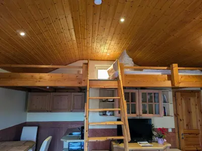 Ein Etagenbett oder Etagenbetten in einem Zimmer der Unterkunft Ferienwohnung, Tiny House, Weißeritztäler, Wandern & Radfahren