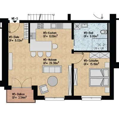 Grundriss der Unterkunft 2 Zimmer Apartment