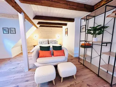 Ein Bett oder Betten in einem Zimmer der Unterkunft Chalet Lilienstein, Dachgeschoß-Studio neu 2026