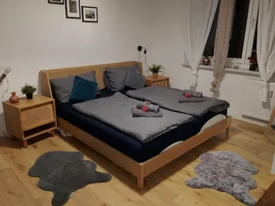 Ein Bett oder Betten in einem Zimmer der Unterkunft Ferienwohnung am Spitzgrund