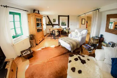 Ein Bett oder Betten in einem Zimmer der Unterkunft Traumhaftes Elb-Chalet