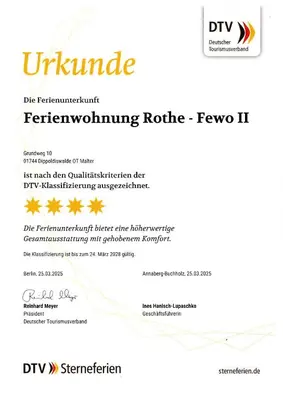 Ein Zertifikat, Auszeichnung, Logo oder anderes Dokument, das in der Unterkunft Ferienwohnung Rothe ausgestellt ist