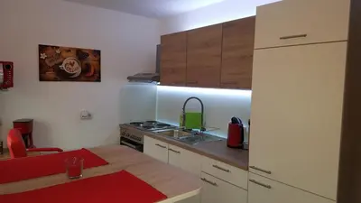 Küche/Küchenzeile in der Unterkunft Ferienwohnung oder Studio Dresden-Neustadt inkl Parkplatz mit Balkon oder Terrasse