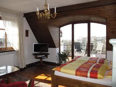 Ein Bett oder Betten in einem Zimmer der Unterkunft Ferienwohnung mit tollem Ausblick