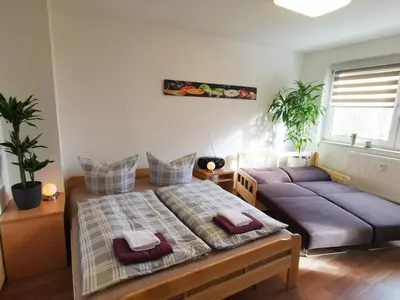 Ein Bett oder Betten in einem Zimmer der Unterkunft Ferien-und Gästewohnung Radebeul
