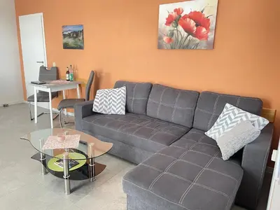 Ein Sitzbereich in der Unterkunft Ferienwohnung Wanderglück