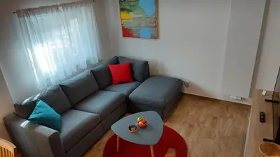 Ein Sitzbereich in der Unterkunft Ferienhaus Richtermühle