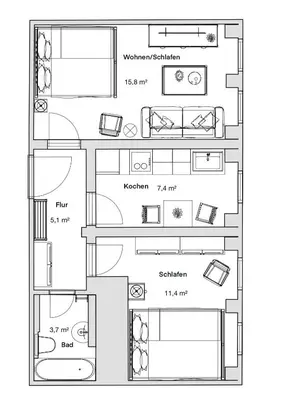 Grundriss der Unterkunft Ruhiges Hinterhof Apartment im Herzen der Neustadt