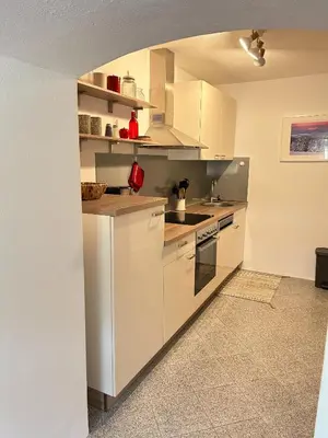 Küche/Küchenzeile in der Unterkunft FeWo Ostrau, neues Bad, neue Küche, zentral, Sandstein-Ferien, Terrasse