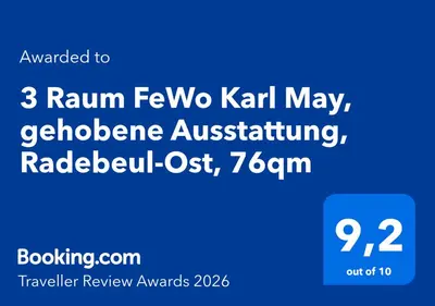 Ein Zertifikat, Auszeichnung, Logo oder anderes Dokument, das in der Unterkunft 3 Raum FeWo Karl May, gehobene Ausstattung, Radebeul-Ost, 76qm ausgestellt ist