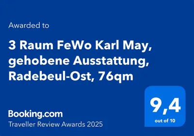 Ein Zertifikat, Auszeichnung, Logo oder anderes Dokument, das in der Unterkunft 3 Raum FeWo Karl May, gehobene Ausstattung, Radebeul-Ost, 76qm ausgestellt ist
