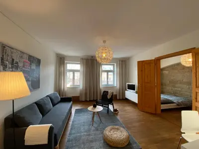 Ein Sitzbereich in der Unterkunft Apartments Dresden Neustadt Apartment LOUISE