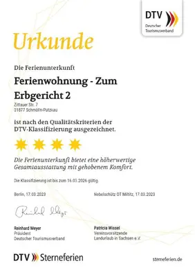 Ein Zertifikat, Auszeichnung, Logo oder anderes Dokument, das in der Unterkunft Erbgericht Putzkau ausgestellt ist
