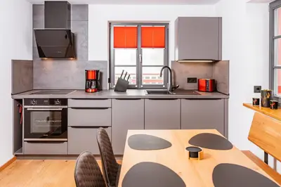 Küche/Küchenzeile in der Unterkunft Zugspitze Apartement Morgen.Rot