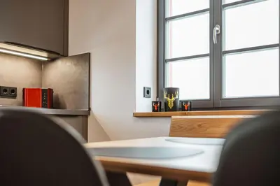 Küche/Küchenzeile in der Unterkunft Zugspitze Apartement Morgen.Rot
